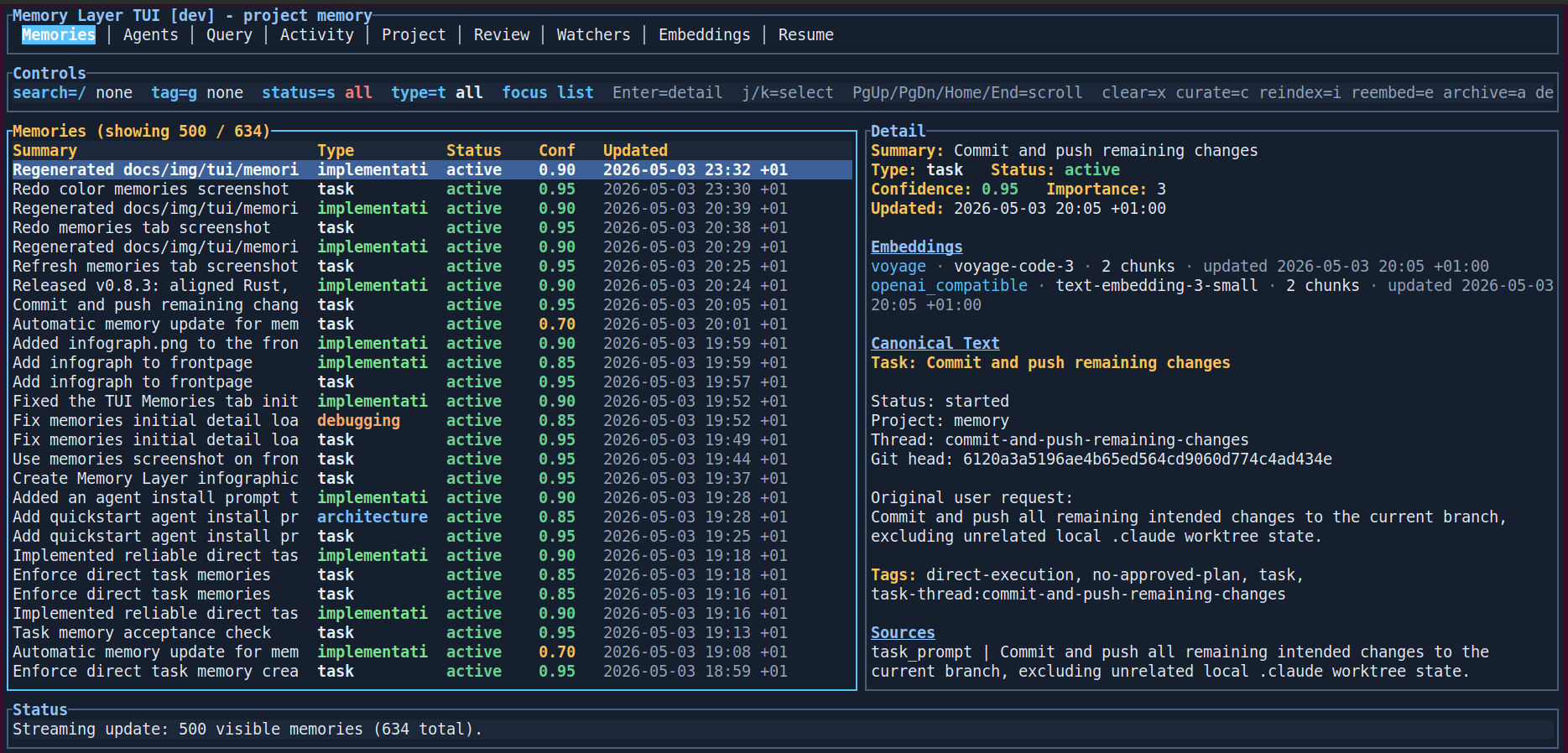 Memory Layer terminal UI overview